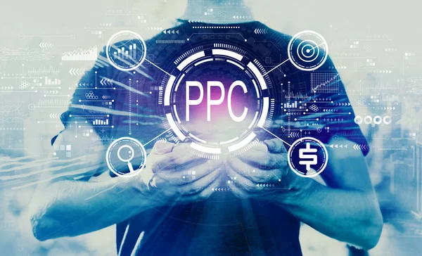 PPC - Betaal per klik concept met een man met smartphone — Stockfoto