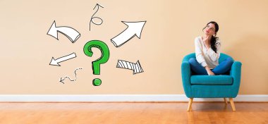Question mark with arrows with woman in a thoughtful pose