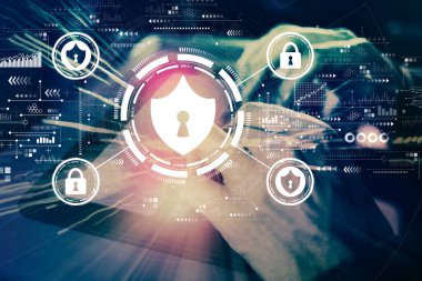 Cyber security theme with man using tablet