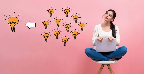 Many small ideas into one big idea with woman using a laptop — Stock Photo, Image
