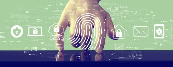 Fingerprint skanning tema med handen trycker på en skärm — Stockfoto