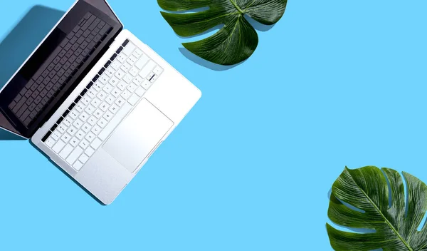 Laptop computer with tropical plants