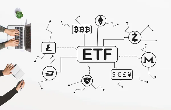Cryptocurrency ETF theme with people working together — Stock Photo, Image
