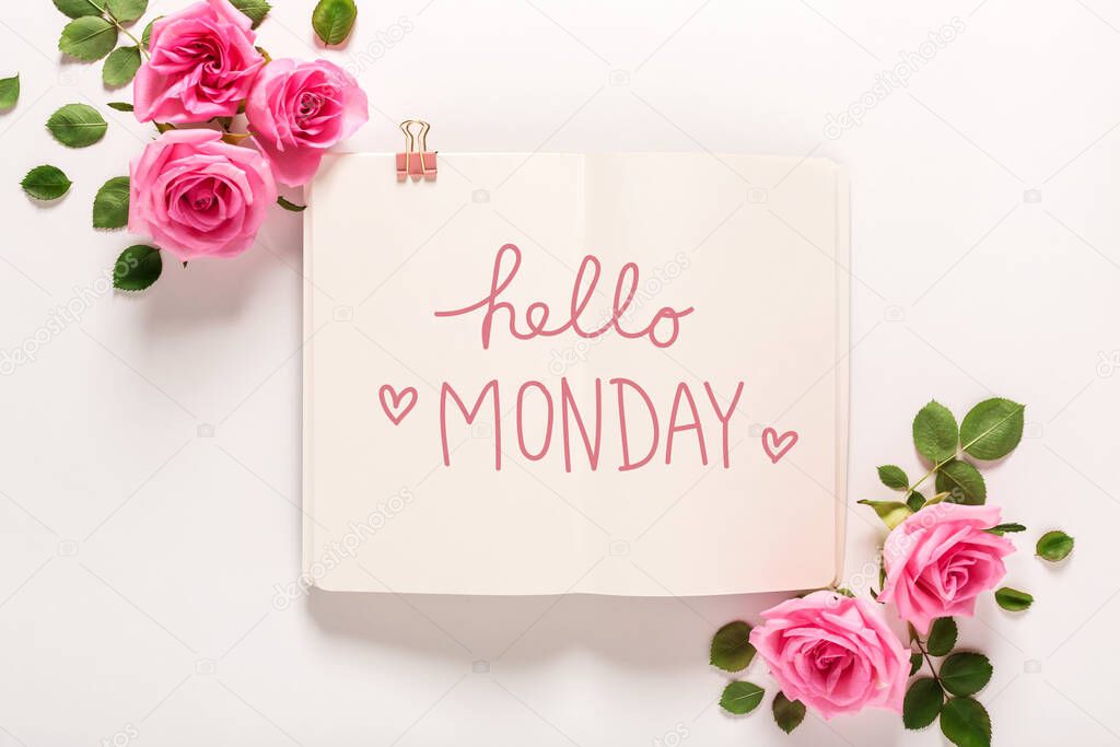 Hello Monday message with roses and leaves