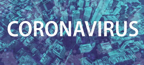 Tema Coronavirus dengan latar belakang cityscape — Stok Foto