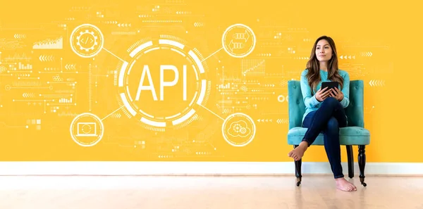 API - concepto de interfaz de programación de aplicaciones Concepto API con mujer joven —  Fotos de Stock