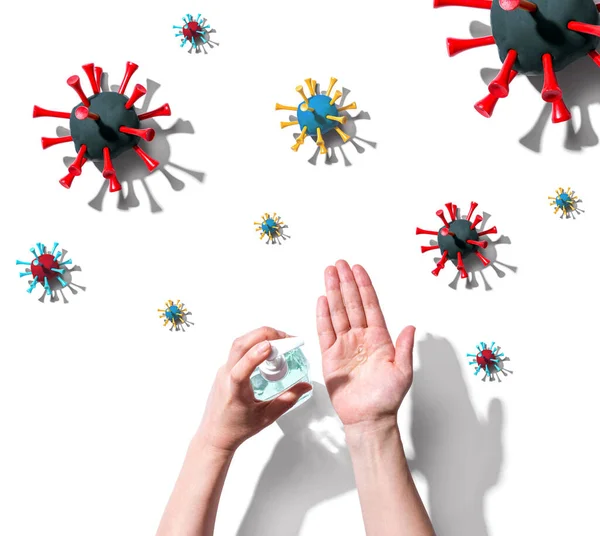 Stosowanie żelu do dezynfekcji z koncepcją epidemii grypy — Zdjęcie stockowe
