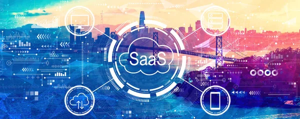 SaaS - software as a service concept with the Bay Bridge in San Francisco