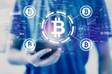 Akıllı telefon kullanan adamla Bitcoin teması