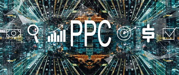 PPC - Pay per click concept met abstract nachtelijk stadsbeeld — Stockfoto