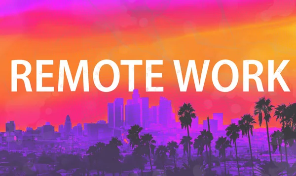 Remote Work theme with downtown Los Angeles skyscrapers — Stock Photo, Image