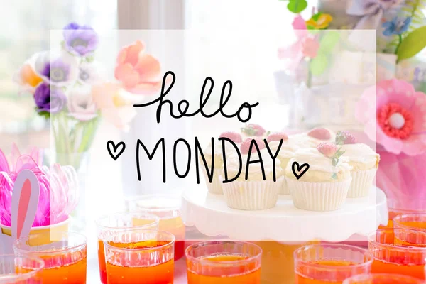 Hello Monday message with dessert table — Stock Photo, Image
