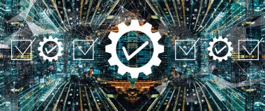 Soyut şehir manzarası ile kalite kontrol onayı