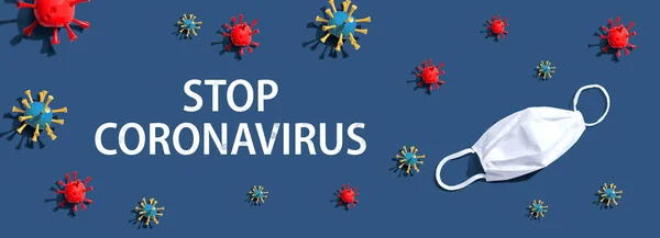 Σταμάτημα θέματος του Coronavirus με ιό και λευκή μάσκα — Φωτογραφία Αρχείου