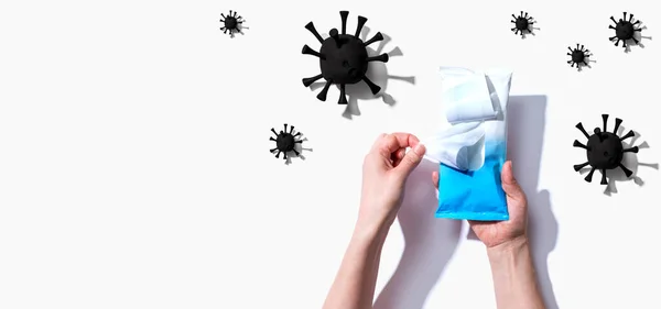 Reinigingsmiddel veeg met coronavirus concept — Stockfoto
