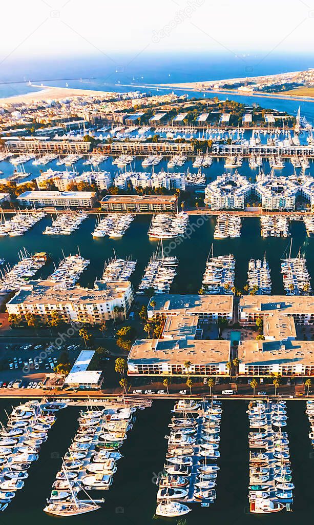 Aerial view of the Marina del Rey seaside community in LA