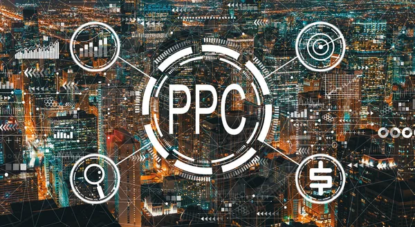 PPC -每次点击付费概念与芝加哥市中心摩天大楼 — 图库照片