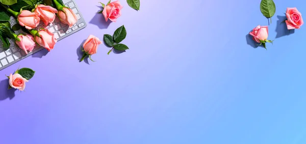 분홍빛 장미가 달린 컴퓨터 키보드 — 스톡 사진