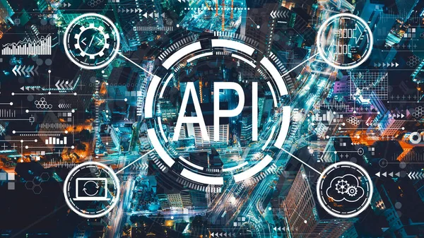 API แนวคิดอินเทอร์เฟซการเขียนโปรแกรมแอปพลิเคชันที่มีมุมมองทางอากาศของโตเกียวในเวลากลางคืน — ภาพถ่ายสต็อก