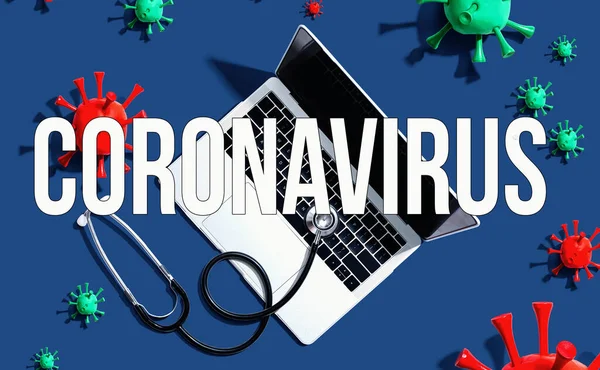 Tema Coronavirus dengan stetoskop dan laptop — Stok Foto