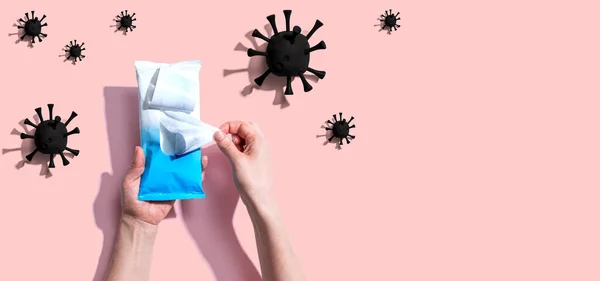 Ștergeți Sanitizer cu conceptul de coronavirus — Fotografie, imagine de stoc