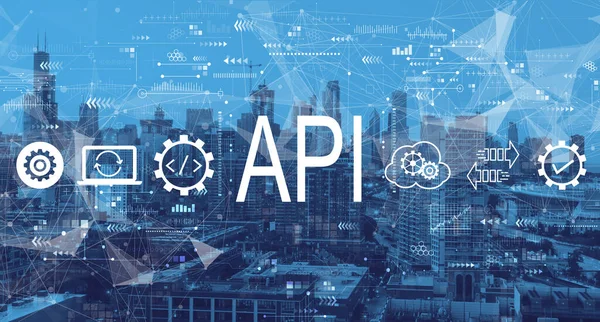 API - conceito de interface de programação de aplicativos com o centro de Chicago — Fotografia de Stock