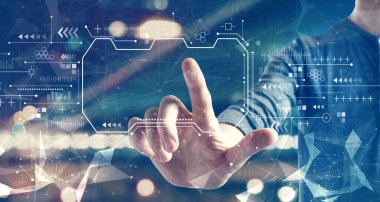 Şehrin arka planında bir adam olan teknoloji ekranı