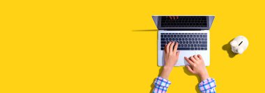 Domuz kumbaralı bir dizüstü bilgisayar kullanan biri.