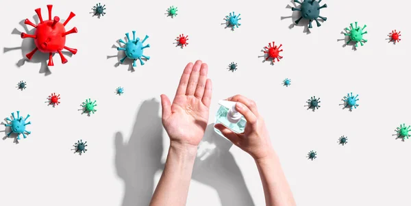 Applying sanitizer gel with epidemic influenza concept — Stock Photo, Image