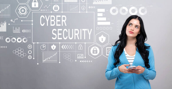 Cyber security theme with woman holding a smartphone