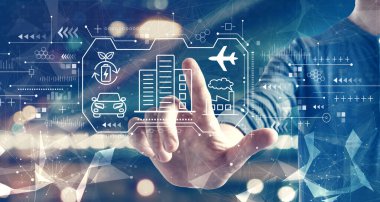 Şehir arka planında bir adamla akıllı şehir konsepti