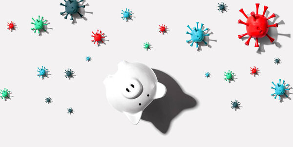Upside down piggy bank with epidemic influenza and Covid-19 concept