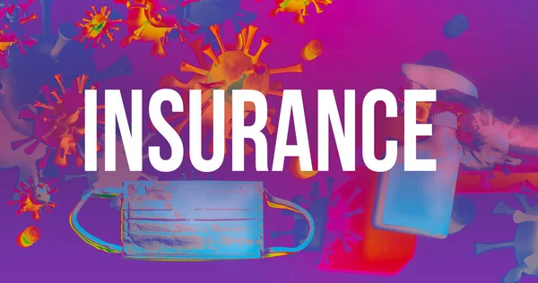 Insurance theme with face mask and spray bottle — Stock Photo, Image