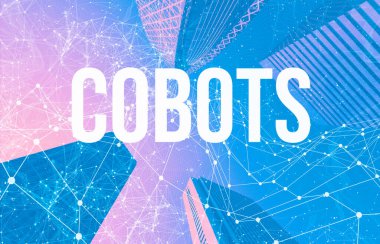 Soyut desenleri ve gökdelenleri olan robotlar teması