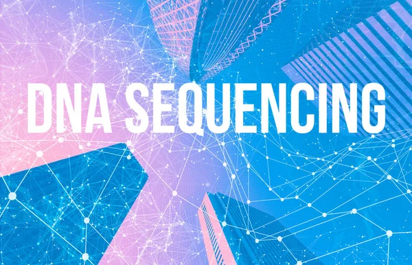 DNA Sequencing theme with abstract patterns and skyscrapers