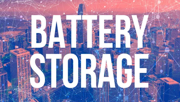 Battery Storage theme with abstract network patterns and skyscrapers