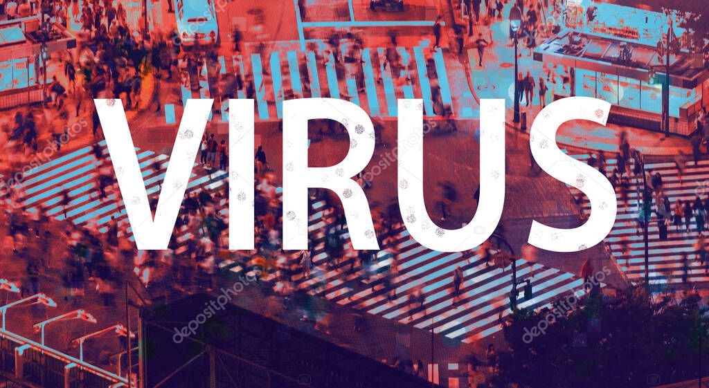 Virus theme with people crossing an intersection