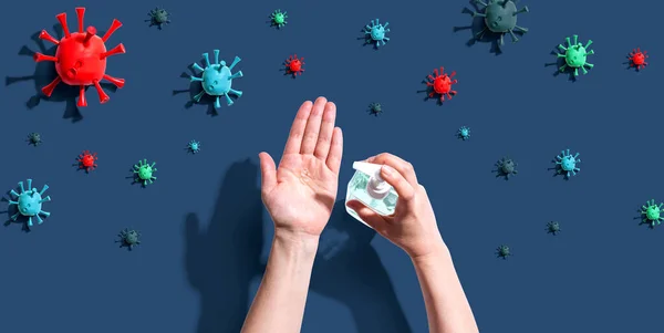Het toepassen van ontsmettingsgel met epidemisch influenzaconcept — Stockfoto