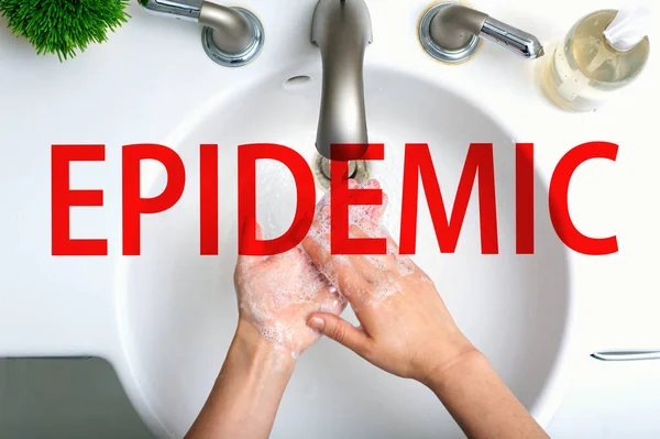 Επιδημητικό θέμα με άτομο να πλένει τα χέρια του — Φωτογραφία Αρχείου