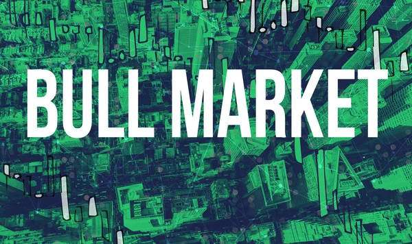 Bull Market theme with aerial view of Manhattan NY skyscrapers
