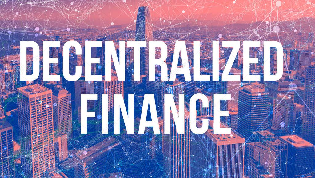 Decentralized Finance theme with abstract network patterns and skyscrapers