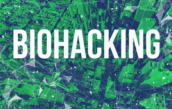 Θέμα Biohacking με αφηρημένα μοτίβα δικτύου και ουρανοξύστες του Μανχάταν — Φωτογραφία Αρχείου