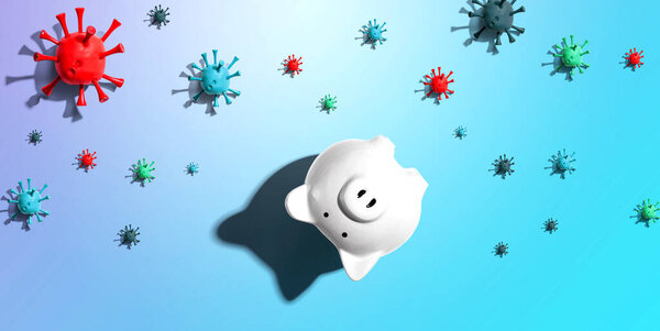 Upside down piggy bank with epidemic influenza and Covid-19 concept