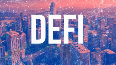 Decentralized Finance theme with abstract network patterns and skyscrapers clipart