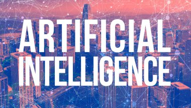 Soyut ağ şablonları ve gökdelenlerle yapay zeka teması