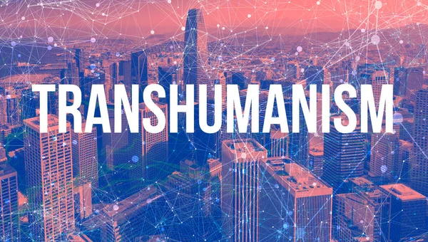 Transhumanism tema med abstrakta nätverksmönster och skyskrapor — Stockfoto