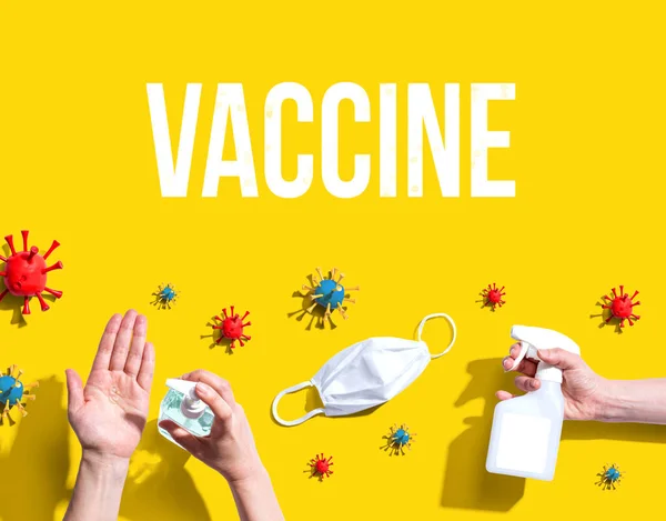 Tema da vacina com objetos virais e de higiene — Fotografia de Stock