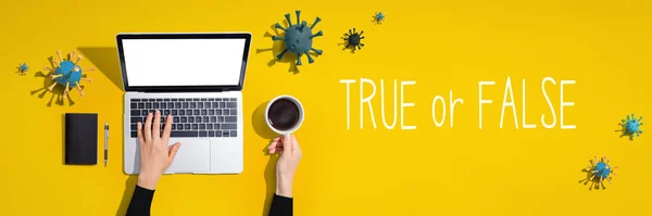 True or False with laptop with viruses — Stock Photo, Image