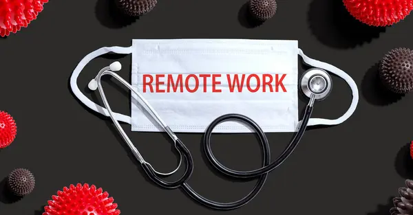 Remote Work theme with mask and stethoscope — Stock Photo, Image