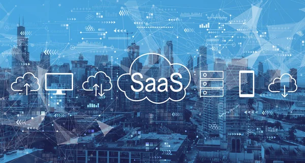 SaaS - software as a service concept with downtown Chicago